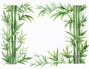 Naklejka premium Bamboo frame isolated on white background. Bamboo with green leaves. Hand painted watercolor illustration. Realistic botanical art. Template