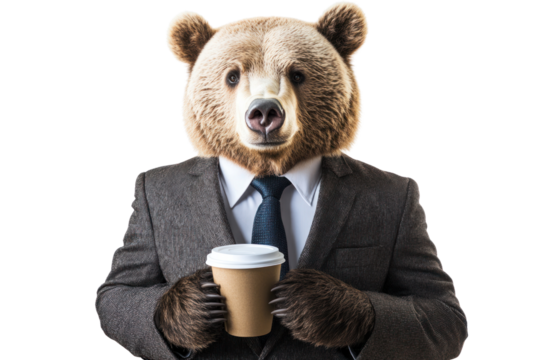 Bear in a suit and tie, holding a coffee cup, isolated on white background