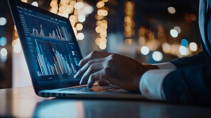 Person analyzing digital data on a laptop in a modern workspace illuminated by soft lights during the evening