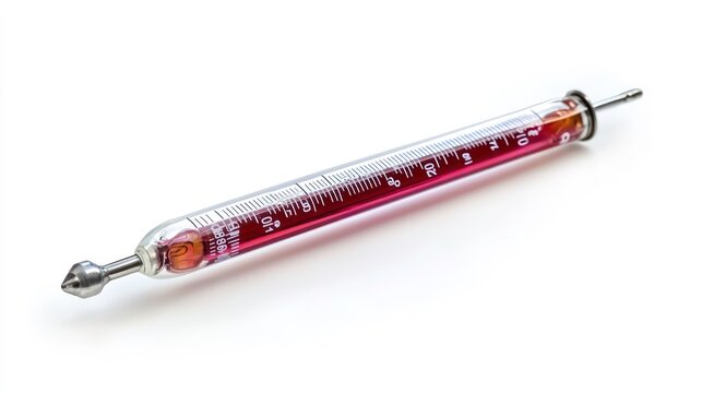 A glass graduated tube with a red liquid inside on a white background.