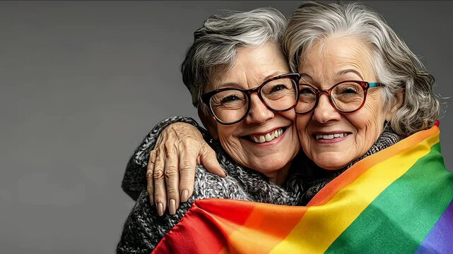 an elderly lesbian couple wearing glasses, embracing each other and covered by a gay pride flag