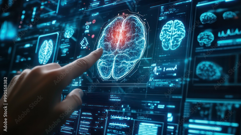 Aufkleber A hand points to a digital brain scan on a futuristic interface.