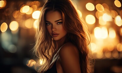 Fototapeta premium A woman with long hair looks at the camera.