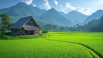 Obraz premium Scenic green rice field with a rustic house and mountains under a clear blue sky