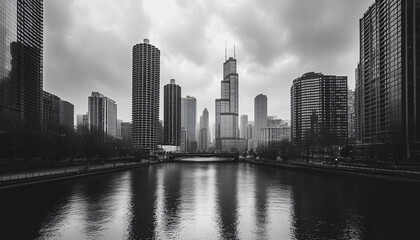 A black-and-white photo of a famous city skyline or iconic landmark, evoking a timeless, classic look