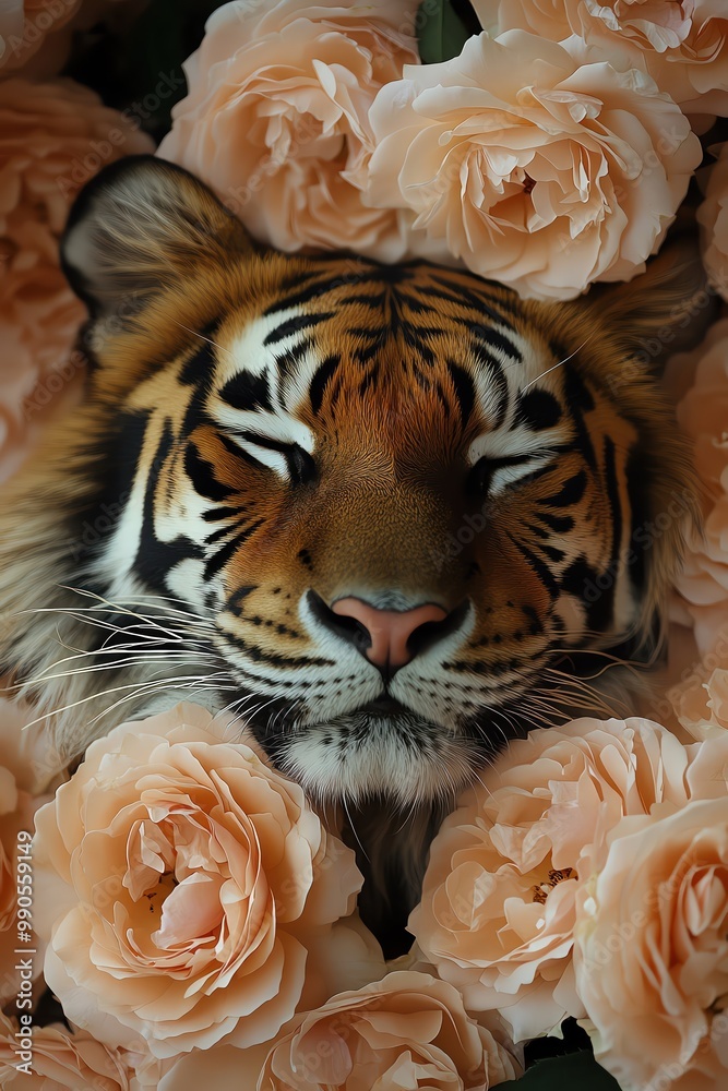 Wall mural Tigers face nestled in peach roses, soft natural light, closeup, gentle contrast between fur and petals