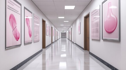 A modern hallway featuring pink-themed artwork and informational displays on the walls.