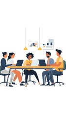Cartoon-style flat illustration of a group of people working together in an office, sitting at a long table with laptops and papers on it