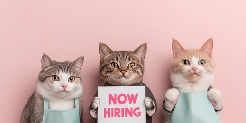 Three Adorable Cats Wearing Aprons Holding a 'Now Hiring' Sign Against a Pink Background