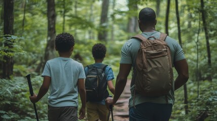 A father and his children explore a vibrant forest trail, enjoying quality time outdoors together
