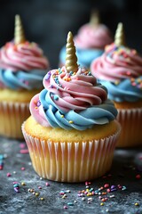 Unicornthemed cupcakes with pastel colors and sprinkles, whimsical and sweet