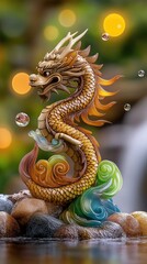 Obraz premium Chinese dragon made of jade coiling around a waterfall with rainbow mist