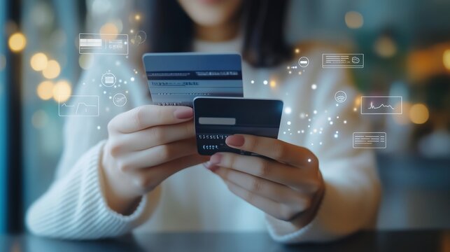 A person holds multiple credit cards while exploring online payment options in a cozy, well-lit cafe during the evening