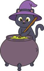 Cartoon witch cat mixing substance in cauldron vector illustration