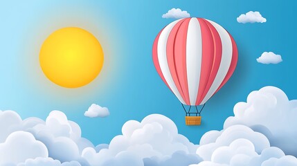 Naklejka premium Red Hot Air Balloon Soaring Through Fluffy Clouds