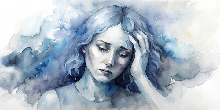 Emotional distress and fatigue concept with a woman illustrated in watercolor art