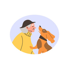 Elderly woman playing with dog, vector cartoon senior owner with adorable pet, animal care and love pet friend in frame