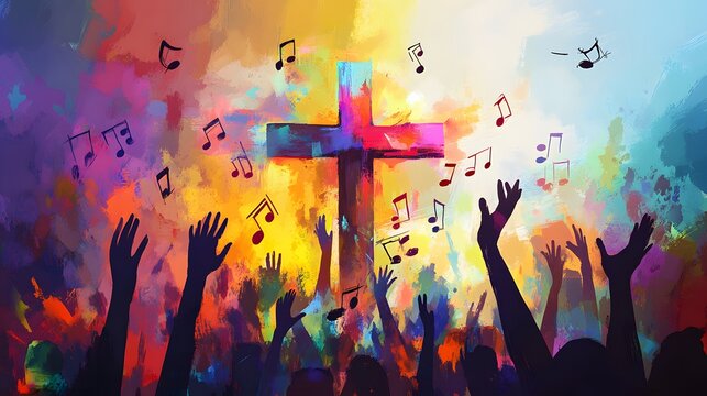 2. **Illustrate a lively scene where a colorful Christian cross is intertwined with flowing music notes and hands raised in praise. Use a harmonious color palette to evoke feelings of celebration and