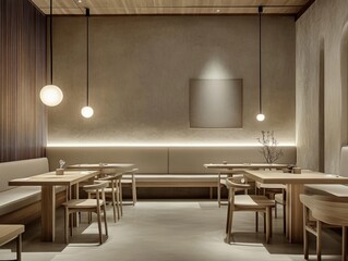 Low-profile seating, light wood accents, neutral palette, minimalistic decor, soft lighting