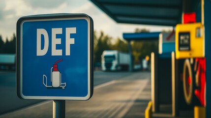 Diesel Exhaust Fluid DEF Sign at Truck Stop with Trucks in Background