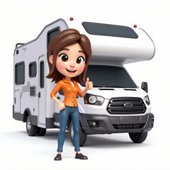 3D cartoon woman giving a thumbs up in front of a camper van. Travel and adventure concept with a modern camper in bright colors.
