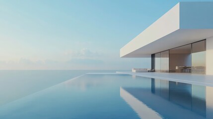 Modern architecture with a swimming pool overlooking the ocean.