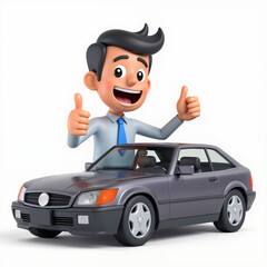 Cartoon businessman giving two thumbs up next to a car. Ideal for car sales, automotive marketing, and business success themes.
