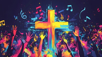 3. **Depict a colorful Christian cross at the center of a composition filled with playful music notes and hands reaching upwards. The vector illustration should be vibrant and energetic, symbolizing