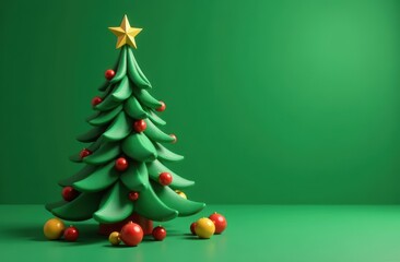 A green Christmas tree with red, yellow balls, and a gold star