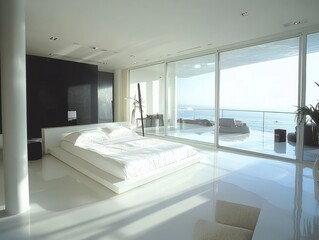 Luxury apartment with a minimalist design, featuring a bright white bedroom and a dark living room, sunlight enhancing the airy, open layout