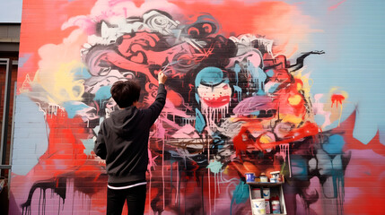 Fototapeta premium Young street graffiti artist paints colorful graffiti on brick wall. Street art and contemporary painting process. Entertainment in youth subculture