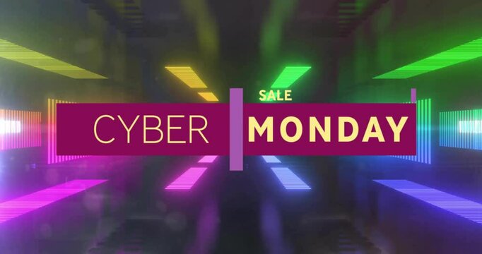 Animation of cyber monday text and data processing over neon background