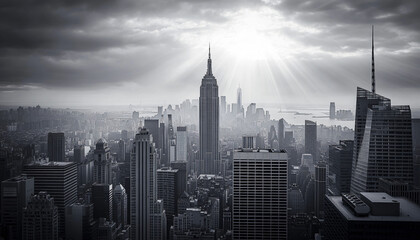 A black-and-white photo of a famous city skyline or iconic landmark, evoking a timeless, classic look