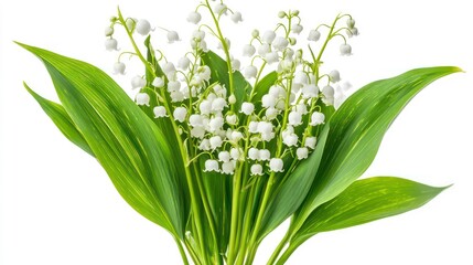 Obraz premium Close-up of white lily of the valley flowers with green leaves against a white background.