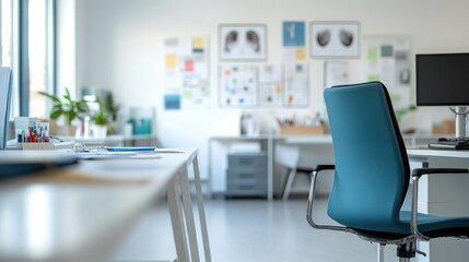 A modern office space with a desk, chair, and wall displays for creative work.