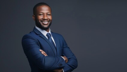 Black businessman in his late thirties with short hair and a well-groomed facial beard, wearing an elegant blue suit, standing confidently