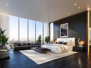 Fototapeta premium Luxury apartment with a white minimalist bedroom, dark living room, and an open-plan design flooded with beautiful sunlight during the daytime