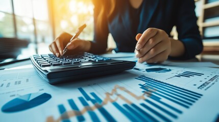 Calculating financial data while analyzing charts in a modern office setting during the afternoon sunlight