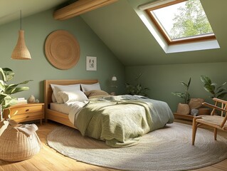 Fototapeta premium Mid-century modern bedroom design under the roof, with soft green walls, a vintage wooden bed, minimalist decor, and a cozy, peaceful atmosphere, rendered in 3D