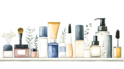 2. **Illustrate a beautifully organized display of skincare and cosmetic products on a white background. Feature various shapes and sizes of bottles and jars, along with makeup tools like brushes and