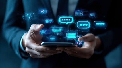 Businessman using smartphone with glowing digital icons.