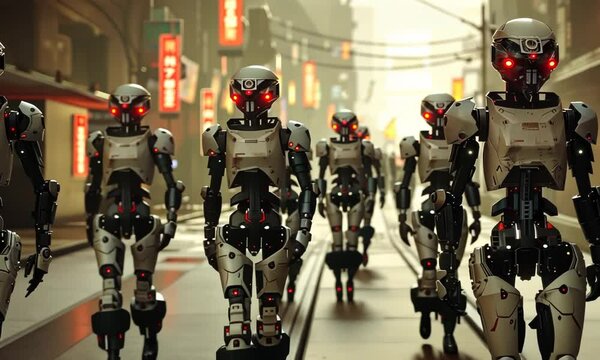 A group of robots walk down a street Video