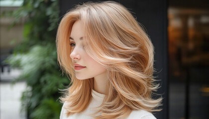 Obraz premium Young woman with dyed blonde hair is posing outside