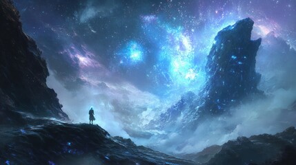 A lone figure gazes upon a majestic mountain illuminated by an otherworldly glow.