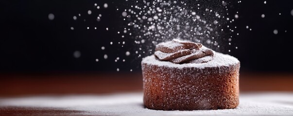 A delectable chocolate dessert dusted with powdered sugar, featuring a rich, creamy topping and a dark background that enhances its elegance.
