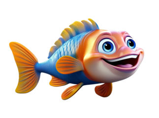 Cartoon illustration of a happy smiling fish character on transparent background