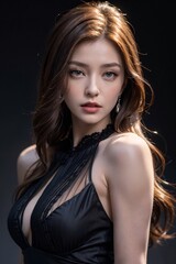 a woman with long hair and a red lip