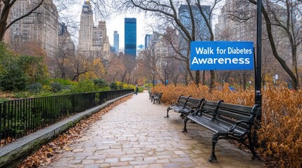 A park pathway promoting diabetes awareness with benches and city buildings in the background.
