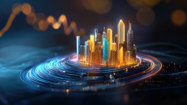 A futuristic city emerging from rising GDP lines, symbolizing economic growth,