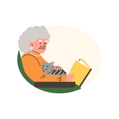 Elderly woman sits in armchair, strokes a cat and reads a book, vector cartoon senior owner with striped pet round frame